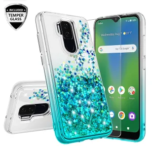 Cricket Influence / AT&T Maestro Plus Case Liquid Glitter Phone Case Waterfall Floating Quicksand Bling Sparkle Cute Protective Girls Women Cover for Cricket Influence / AT&T Maestro Plus W/Temper Glass - Teal