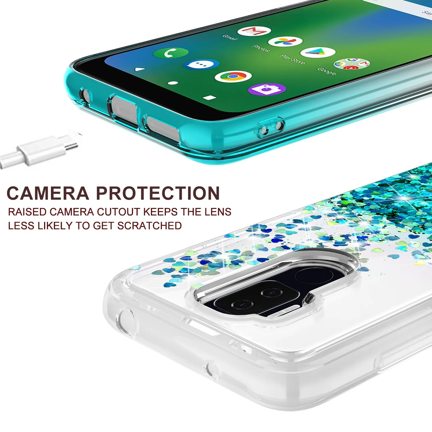 Cricket Influence / AT&T Maestro Plus Case Liquid Glitter Phone Case Waterfall Floating Quicksand Bling Sparkle Cute Protective Girls Women Cover for Cricket Influence / AT&T Maestro Plus W/Temper Glass - Teal