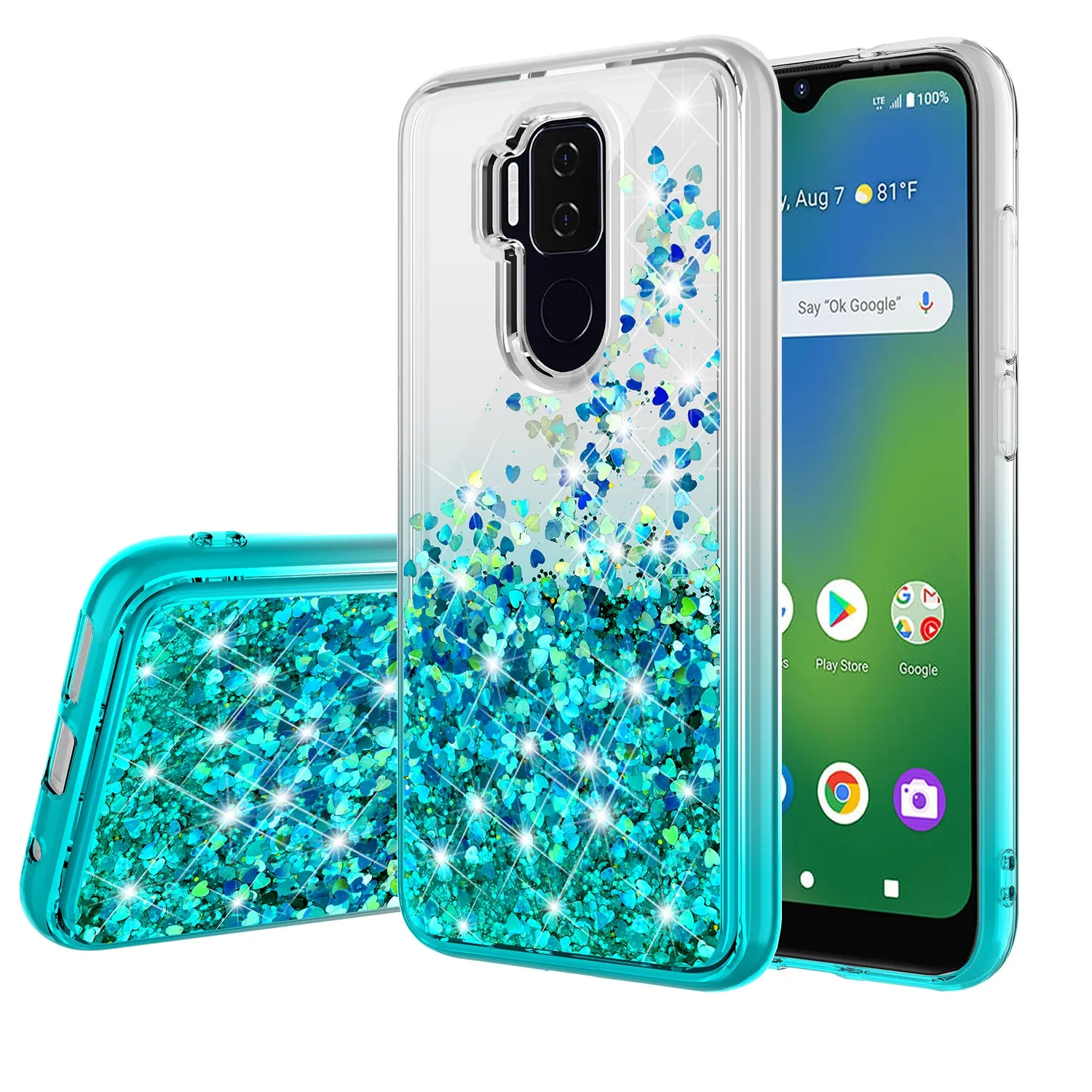 Cricket Influence / AT&T Maestro Plus Case Liquid Glitter Phone Case Waterfall Floating Quicksand Bling Sparkle Cute Protective Girls Women Cover for Cricket Influence / AT&T Maestro Plus W/Temper Glass - Teal