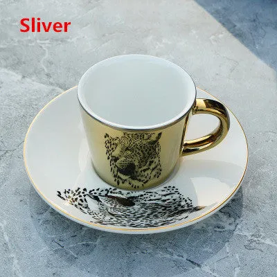Cute Cartoon Printed Coffee Mugs With Galvanized Finish And Reflective Mirror Cup and Saucer
