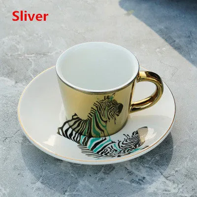 Cute Cartoon Printed Coffee Mugs With Galvanized Finish And Reflective Mirror Cup and Saucer