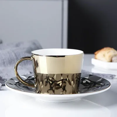 Cute Cartoon Printed Coffee Mugs With Galvanized Finish And Reflective Mirror Cup and Saucer