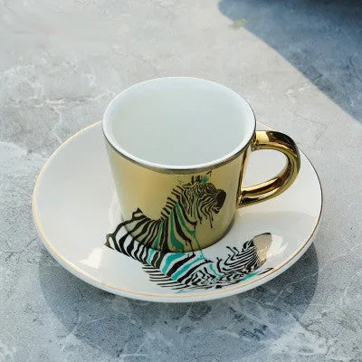 Cute Cartoon Printed Coffee Mugs With Galvanized Finish And Reflective Mirror Cup and Saucer