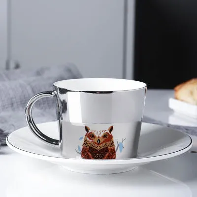 Cute Cartoon Printed Coffee Mugs With Galvanized Finish And Reflective Mirror Cup and Saucer