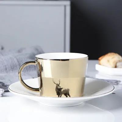 Cute Cartoon Printed Coffee Mugs With Galvanized Finish And Reflective Mirror Cup and Saucer