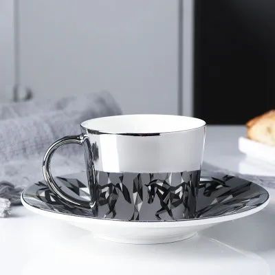 Cute Cartoon Printed Coffee Mugs With Galvanized Finish And Reflective Mirror Cup and Saucer
