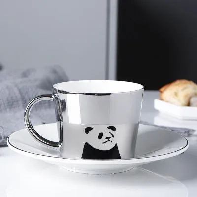 Cute Cartoon Printed Coffee Mugs With Galvanized Finish And Reflective Mirror Cup and Saucer