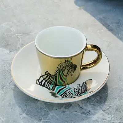 Cute Cartoon Printed Coffee Mugs With Galvanized Finish And Reflective Mirror Cup and Saucer