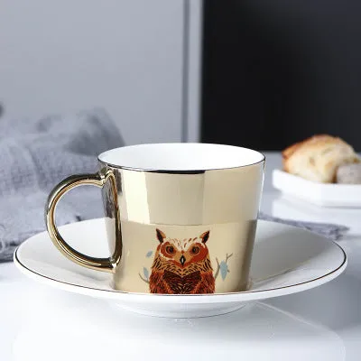 Cute Cartoon Printed Coffee Mugs With Galvanized Finish And Reflective Mirror Cup and Saucer