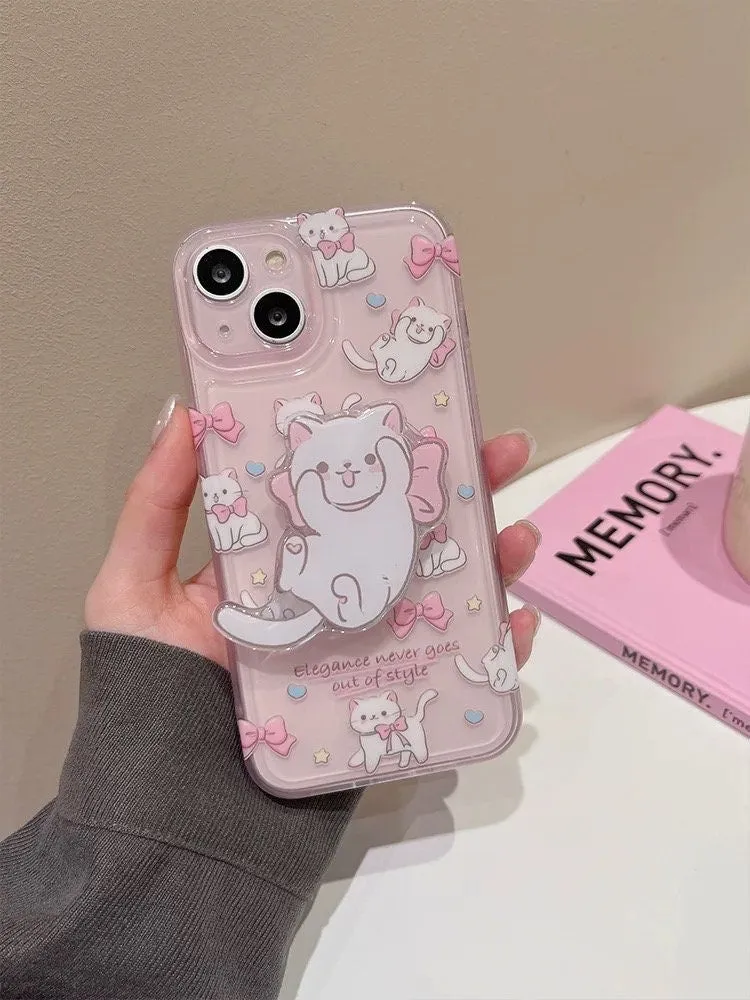 Cute Clear Pink Cute Kitty Print Design   White Cat Pop Up Stand Protective Shockproof Phone Case for iPhone 11 12 13 14 15 Pro Max Case