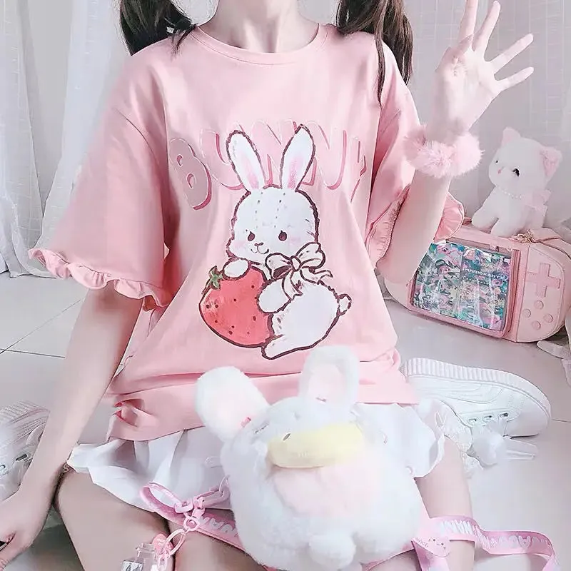 Cute Kawaii Strawberry Bunny Print Tshirt