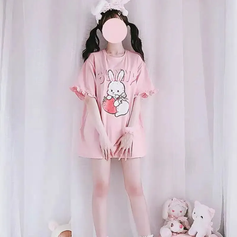 Cute Kawaii Strawberry Bunny Print Tshirt