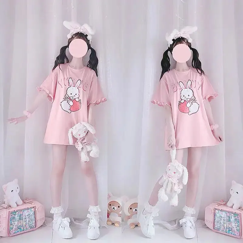 Cute Kawaii Strawberry Bunny Print Tshirt