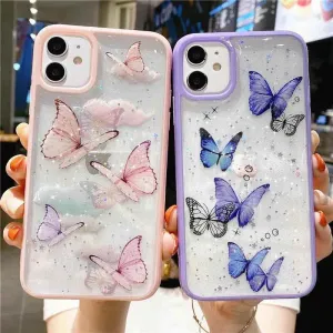 Cute Laser Card Butterfly Phone Case for iPhone 15 14 12 13 11 Pro Max XS Max XR 7 8 Plus Pink Purple Glitter Soft Clear TPU Cover