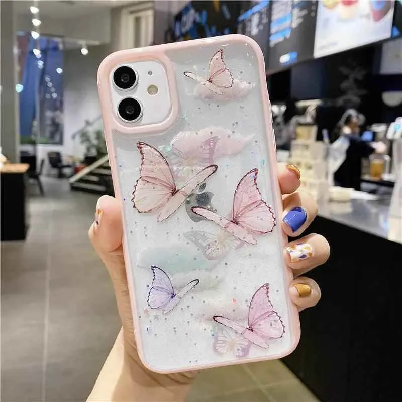 Cute Laser Card Butterfly Phone Case for iPhone 15 14 12 13 11 Pro Max XS Max XR 7 8 Plus Pink Purple Glitter Soft Clear TPU Cover