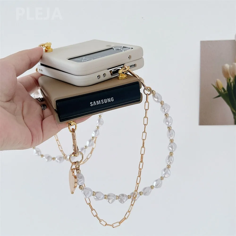Cute Pearl Bracelet Chain Samsung Galaxy ZFlip3 Flip4 5G Korean Stylish Case