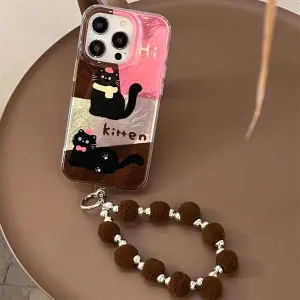 Cute Phone Case for iPhone 13, 14, 15, and 16 Pro Max - Cat Splicing Lattice Design with Hairball Wristband - TSP443