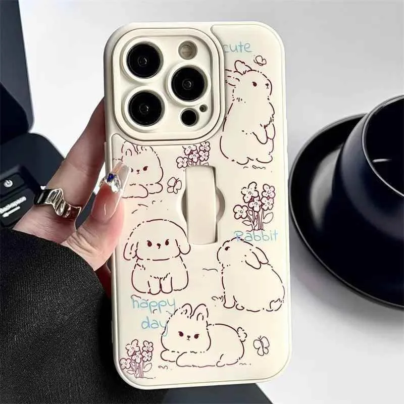 Cute Phone Case for iPhone 15 Pro Max, 14, 13, 11, and 12 – Cartoon Cat & Rabbit Design with Invisible Ring Kickstand – TSP219