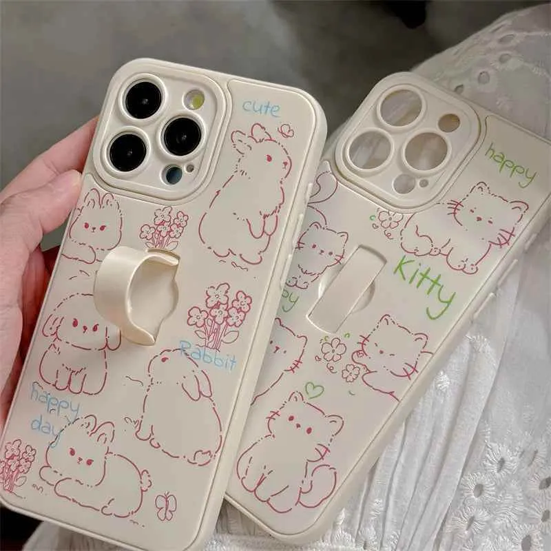 Cute Phone Case for iPhone 15 Pro Max, 14, 13, 11, and 12 – Cartoon Cat & Rabbit Design with Invisible Ring Kickstand – TSP219
