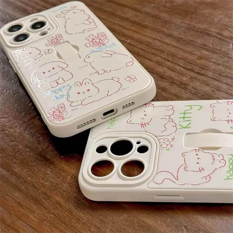 Cute Phone Case for iPhone 15 Pro Max, 14, 13, 11, and 12 – Cartoon Cat & Rabbit Design with Invisible Ring Kickstand – TSP219