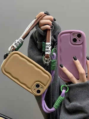 Cute Solid Color Minimalist Thick Bulky 3D Wave Design Protective Shockproof iPhone Case   Rope Strap for iPhone 11 12 13 14 15 Plus Pro Max