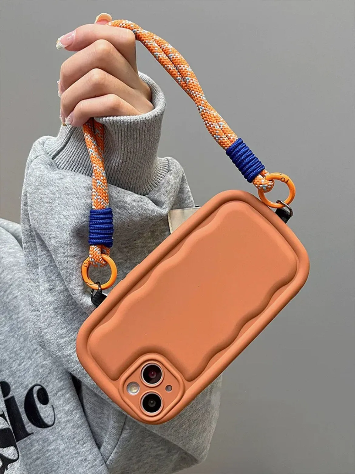 Cute Solid Color Minimalist Thick Bulky 3D Wave Design Protective Shockproof iPhone Case   Rope Strap for iPhone 11 12 13 14 15 Plus Pro Max