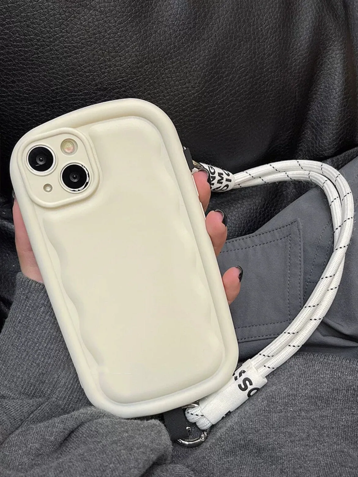 Cute Solid Color Minimalist Thick Bulky 3D Wave Design Protective Shockproof iPhone Case   Rope Strap for iPhone 11 12 13 14 15 Plus Pro Max