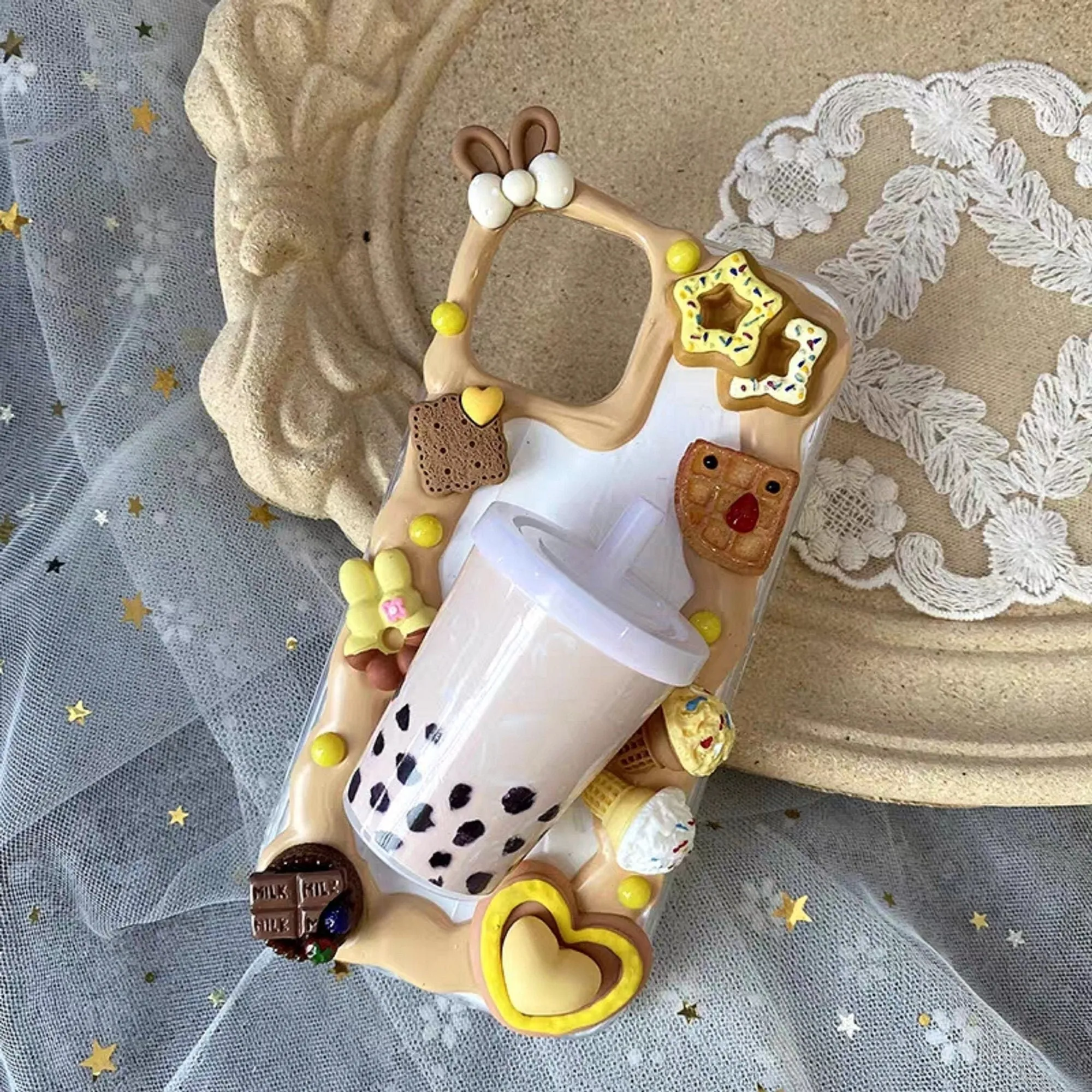 Decoden Custom Phone Case DIY Craft Kit | Bubble Tea Drink Cookies Biscuits Ice Cream Charms | Samsung Android iPhone Cases