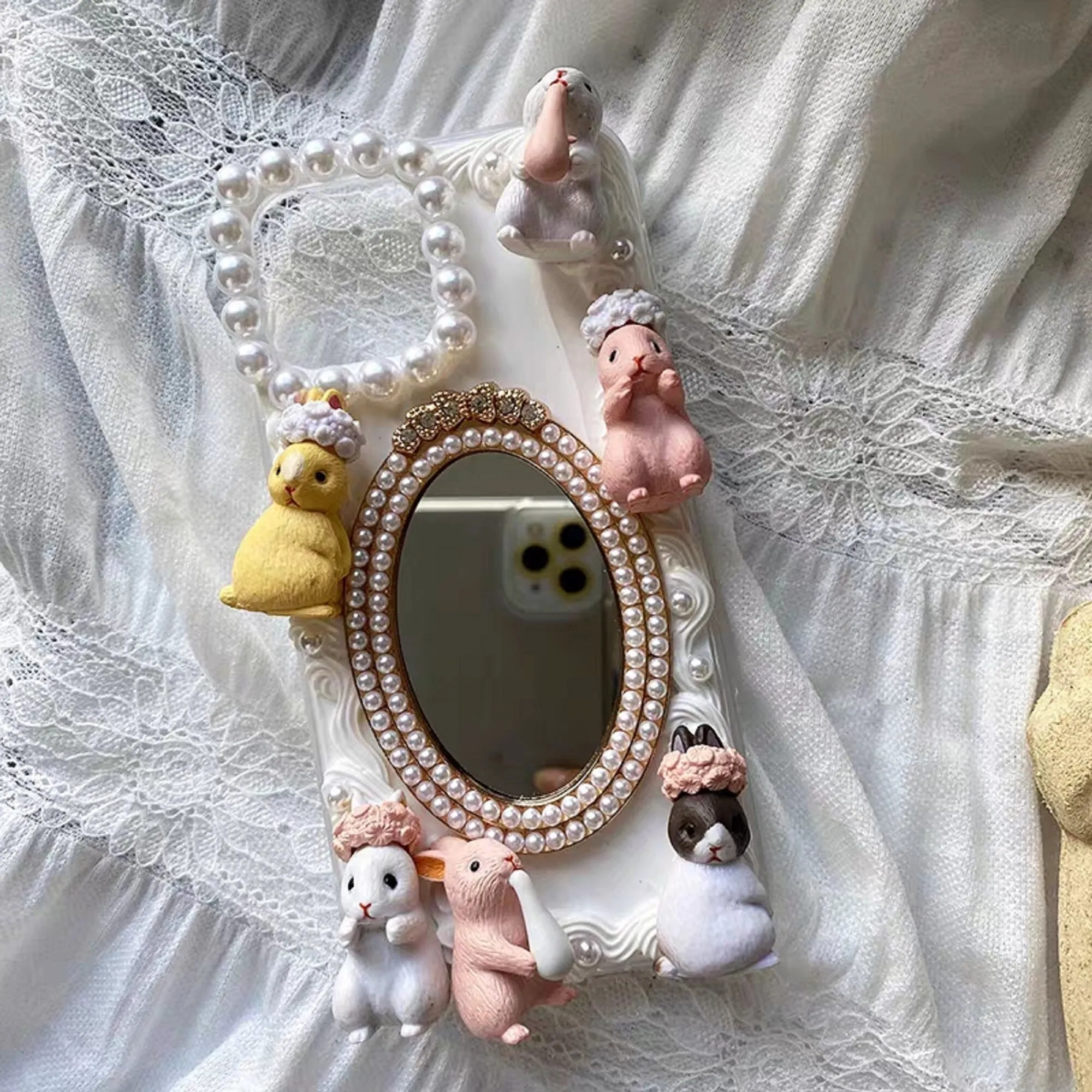 Decoden Custom Phone Case DIY Craft Kit | Flower Crown Rabbits Pearl Frame Mirror Charms | Samsung Android iPhone Cases