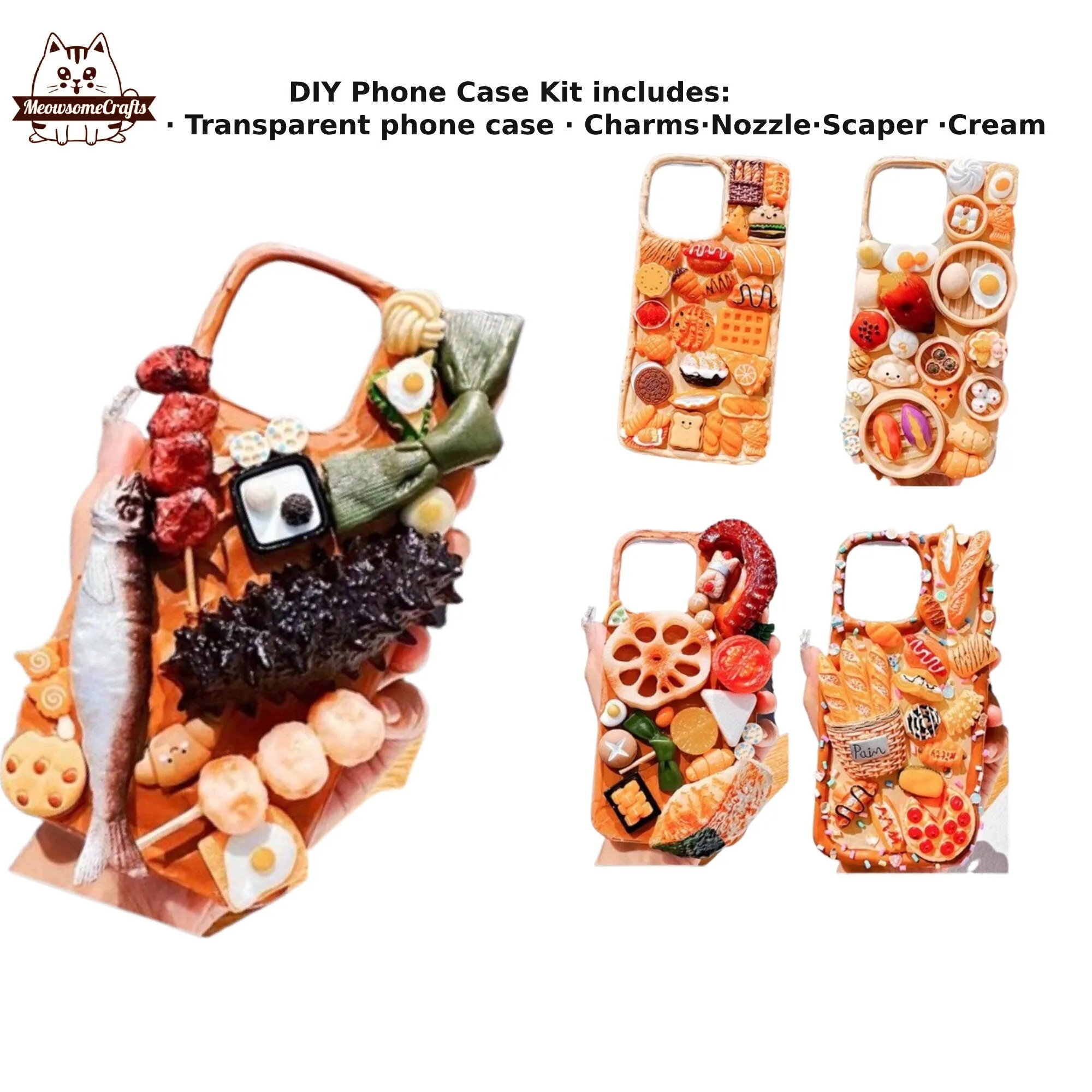 Decoden Custom Phone Case DIY Craft Kits | Food Sushi Dumplings Pizza Bread Meat Dessert Charms | Samsung Android iPhone Cases