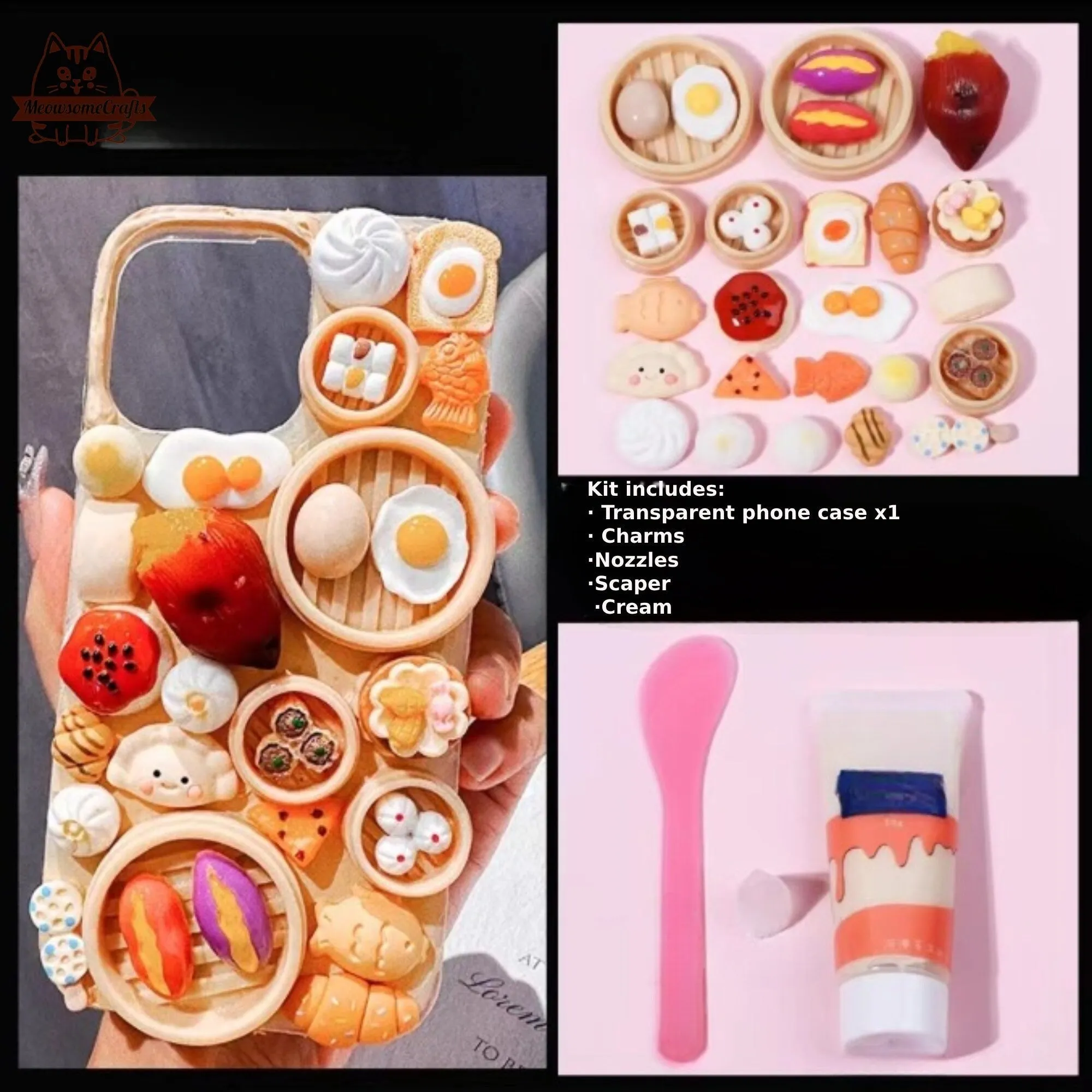 Decoden Custom Phone Case DIY Craft Kits | Food Sushi Dumplings Pizza Bread Meat Dessert Charms | Samsung Android iPhone Cases