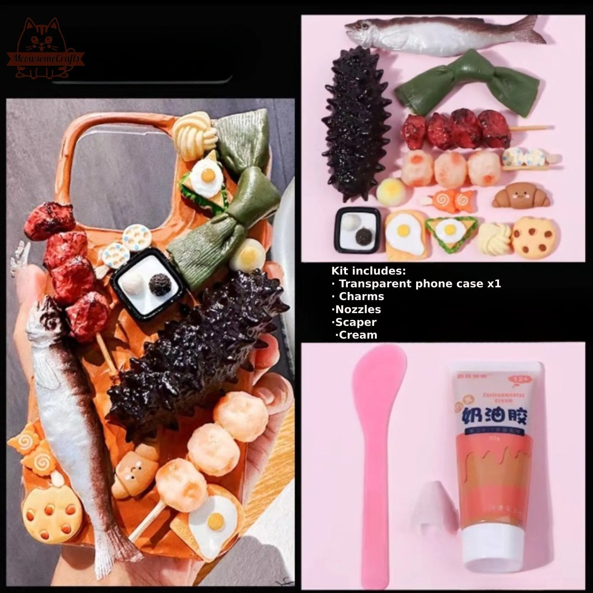 Decoden Custom Phone Case DIY Craft Kits | Food Sushi Dumplings Pizza Bread Meat Dessert Charms | Samsung Android iPhone Cases