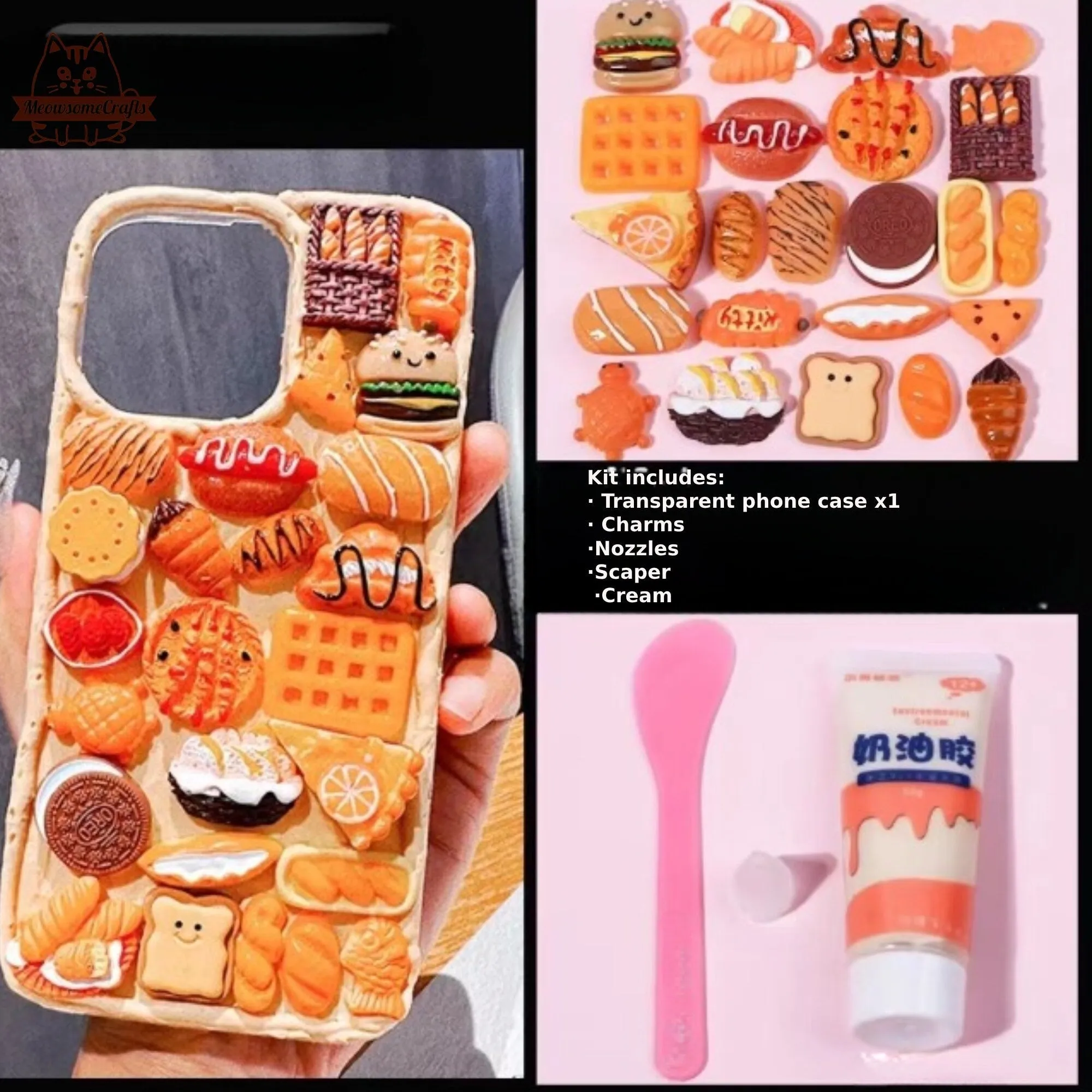 Decoden Custom Phone Case DIY Craft Kits | Food Sushi Dumplings Pizza Bread Meat Dessert Charms | Samsung Android iPhone Cases