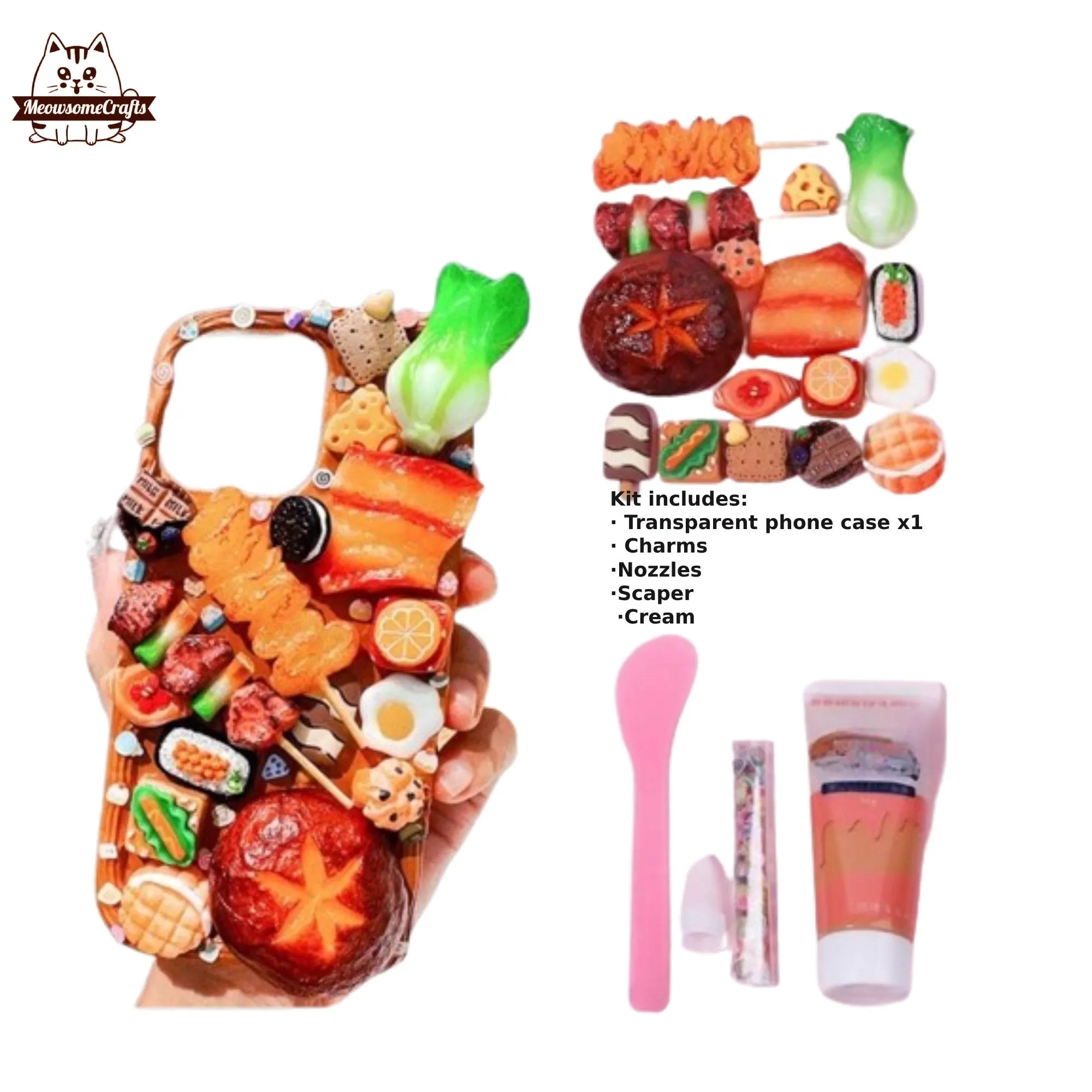 Decoden Custom Phone Case DIY Craft Kits | Food Sushi Dumplings Pizza Bread Meat Dessert Charms | Samsung Android iPhone Cases