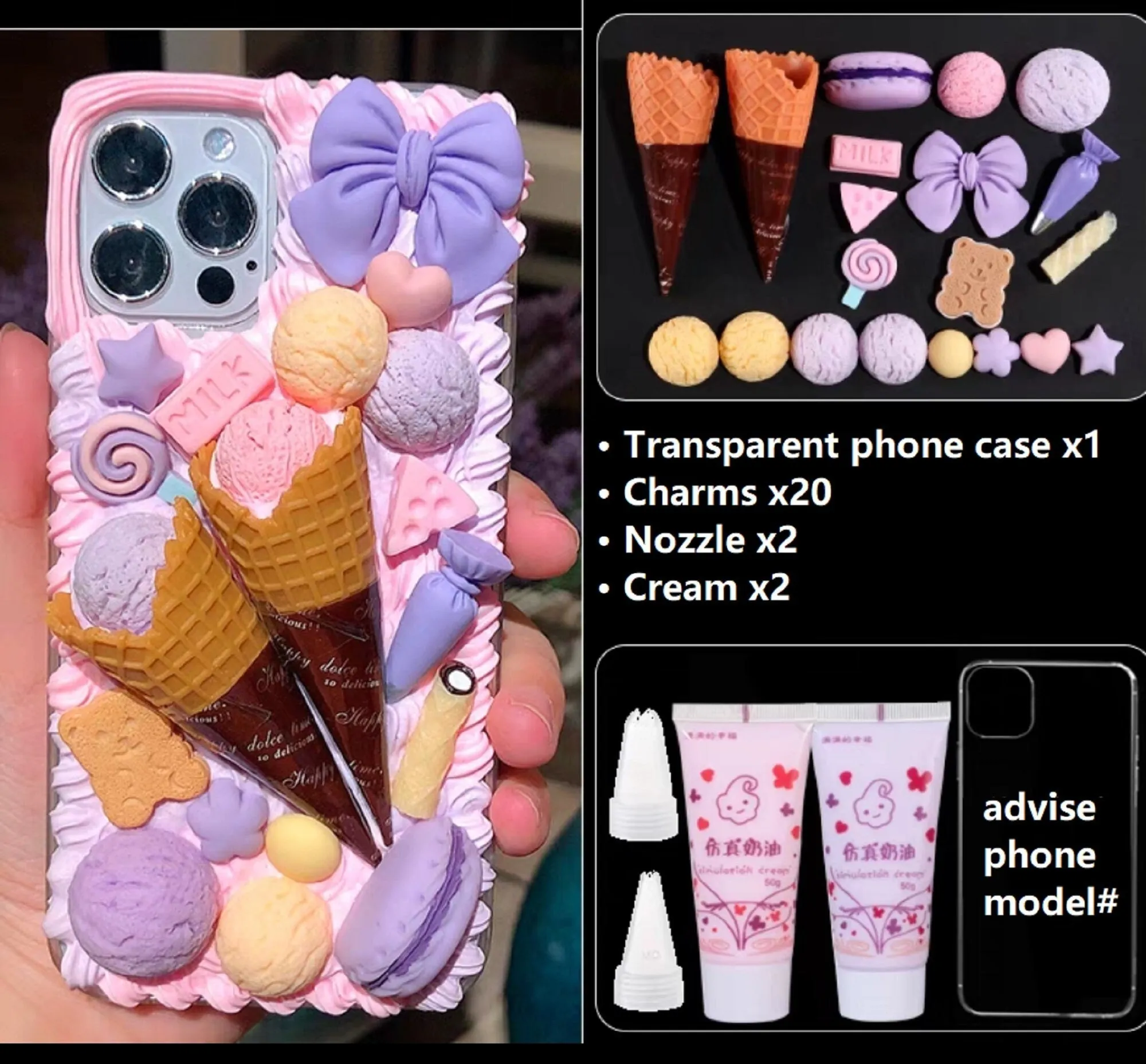 Decoden Custom Phone Case DIY Craft Kits | Ice Cream Scoops Waffle Cones Macaroons Candy Hearts Charms | Samsung Android iPhone Cases