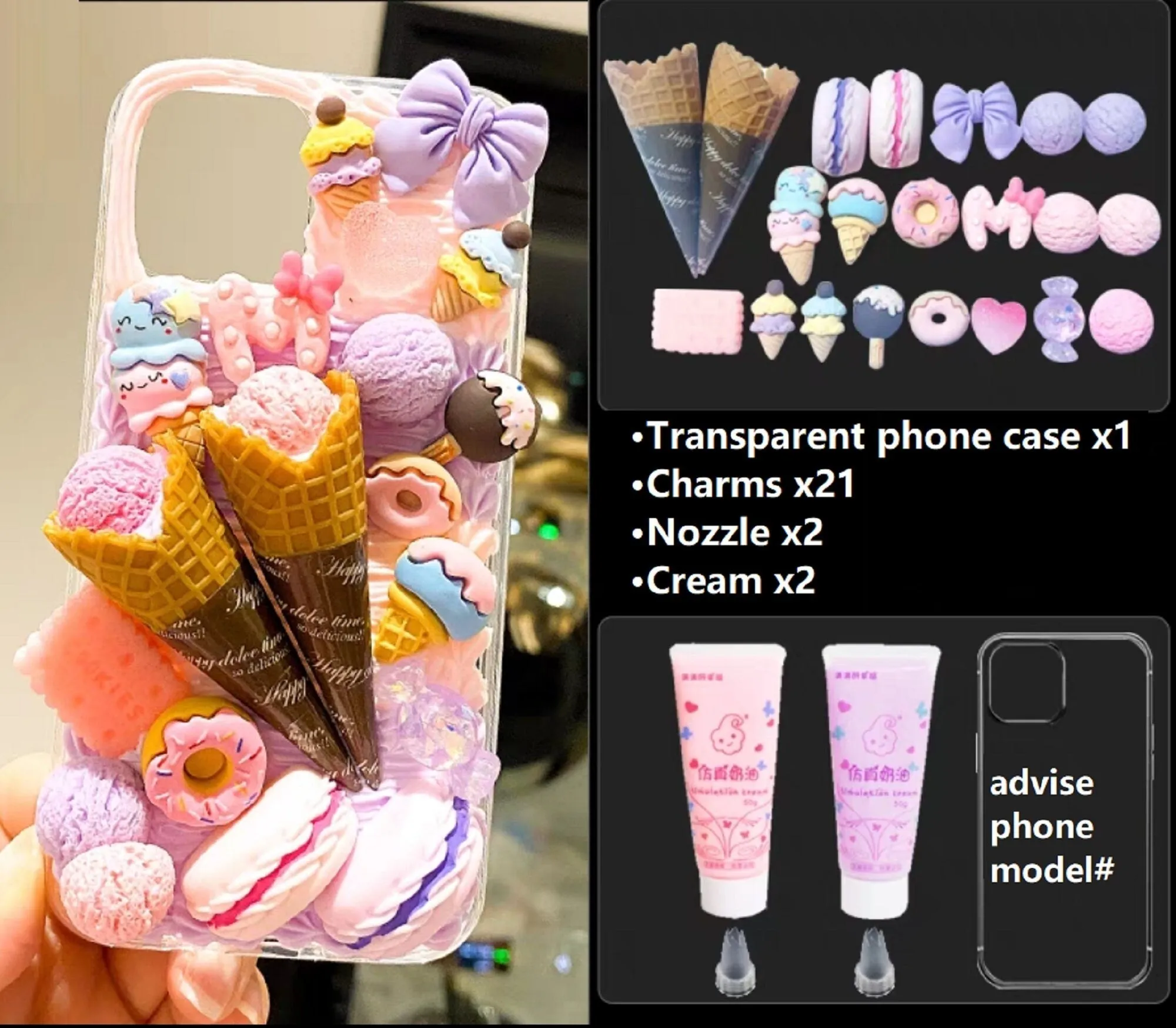 Decoden Custom Phone Case DIY Craft Kits | Ice Cream Scoops Waffle Cones Macaroons Candy Hearts Charms | Samsung Android iPhone Cases