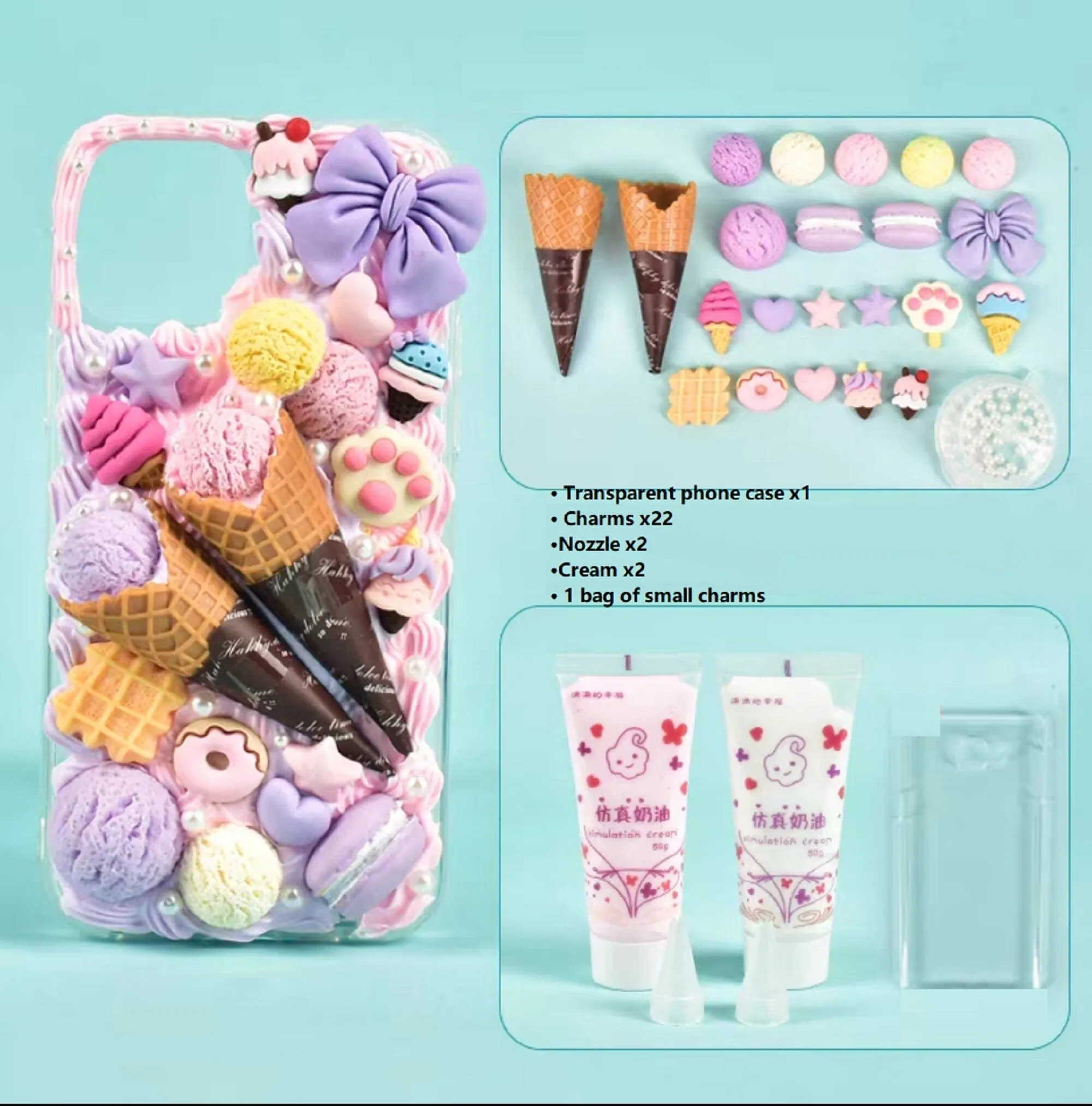 Decoden Custom Phone Case DIY Craft Kits | Ice Cream Scoops Waffle Cones Macaroons Candy Hearts Charms | Samsung Android iPhone Cases