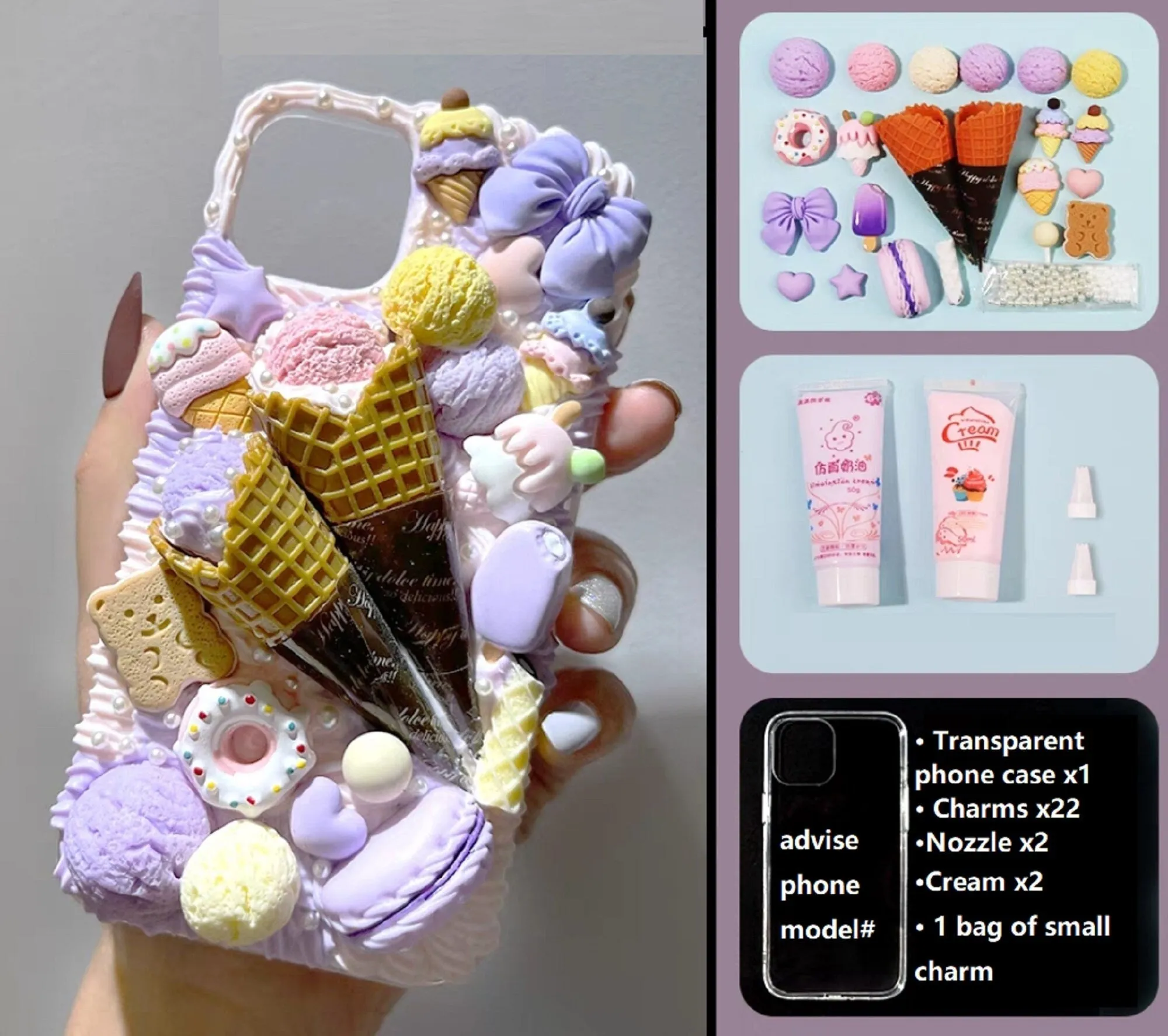 Decoden Custom Phone Case DIY Craft Kits | Ice Cream Scoops Waffle Cones Macaroons Candy Hearts Charms | Samsung Android iPhone Cases