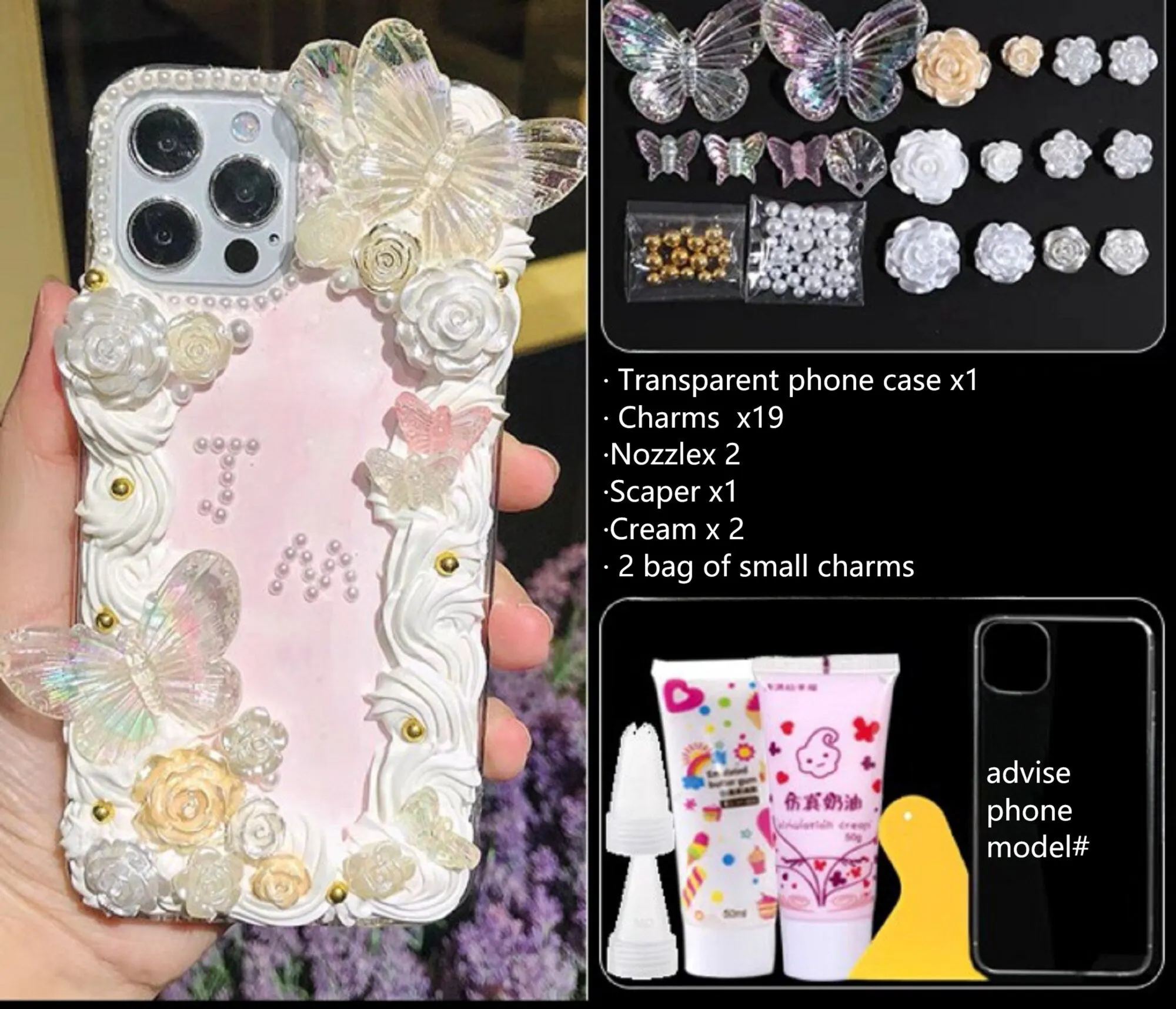 Decoden Custom Phone Case DIY Craft Kits | Iridescent Butterflies White Peach Pink Flowers Charms | Samsung Android iPhone Cases