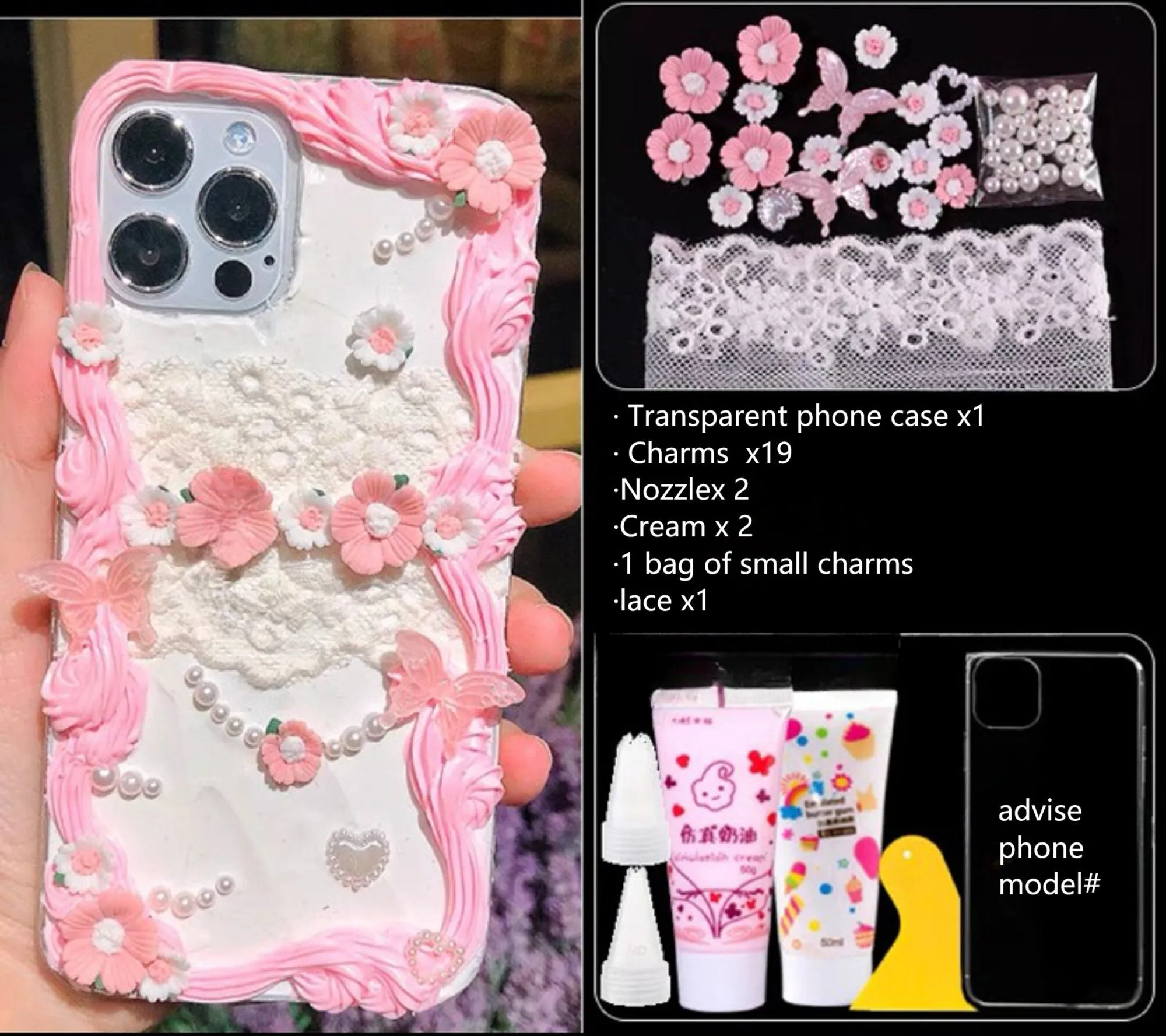 Decoden Custom Phone Case DIY Craft Kits | Iridescent Butterflies White Peach Pink Flowers Charms | Samsung Android iPhone Cases