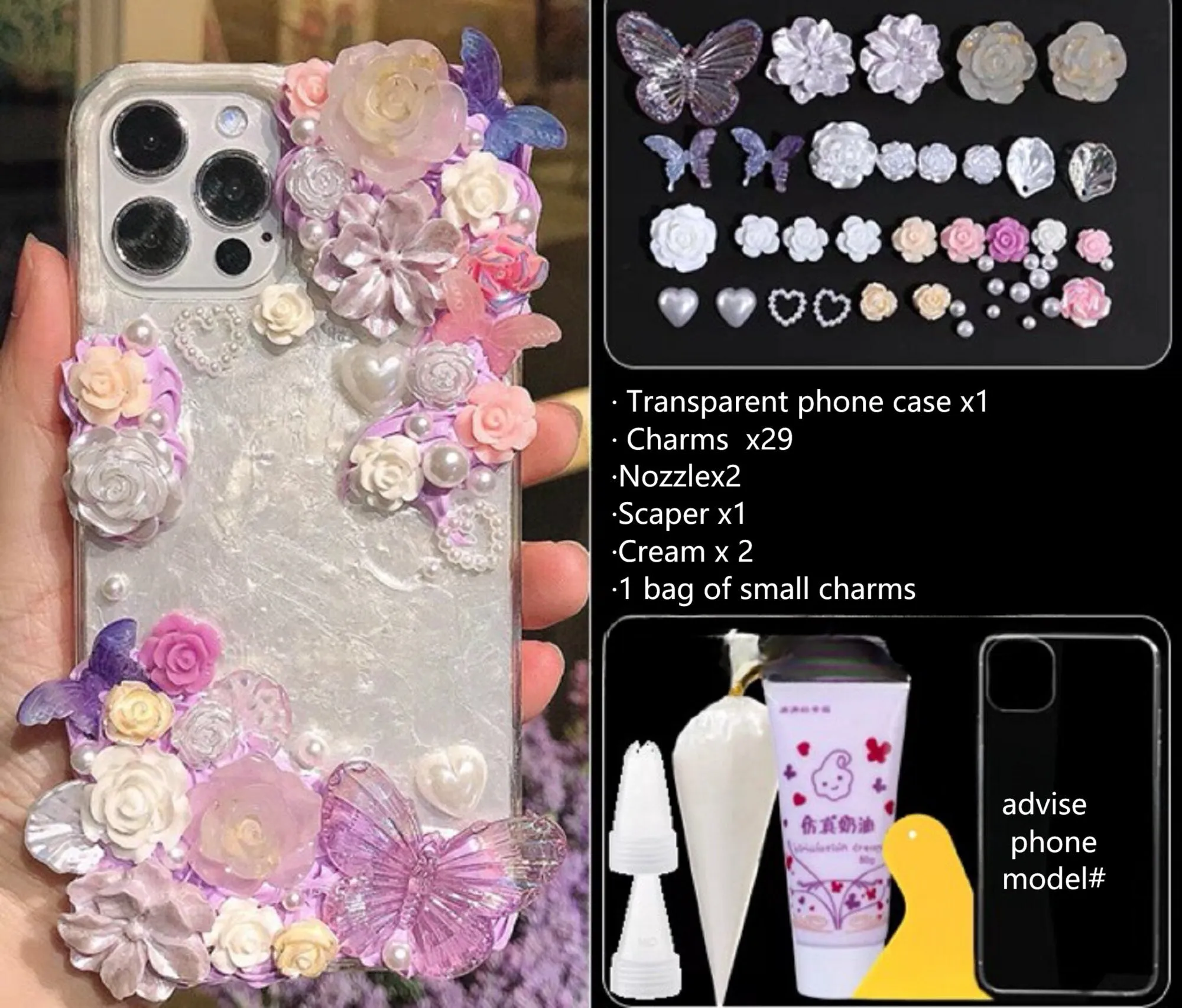 Decoden Custom Phone Case DIY Craft Kits | Iridescent Butterflies White Peach Pink Flowers Charms | Samsung Android iPhone Cases