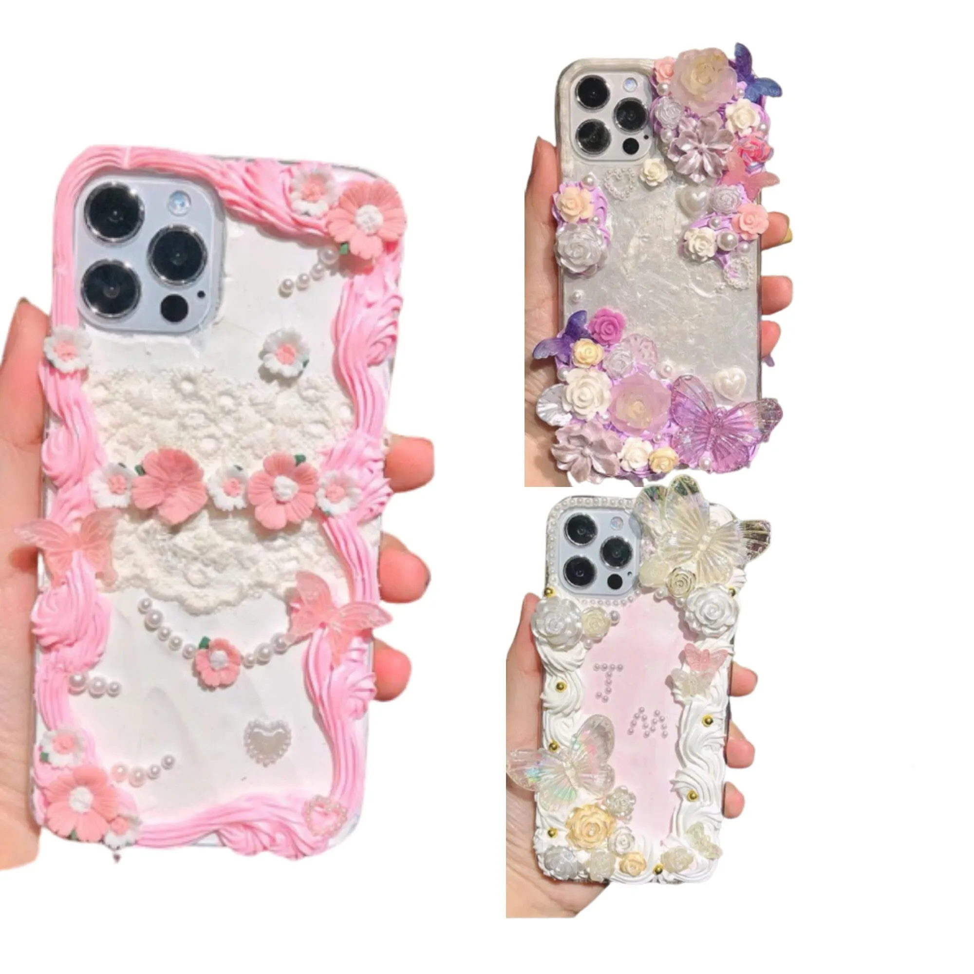 Decoden Custom Phone Case DIY Craft Kits | Iridescent Butterflies White Peach Pink Flowers Charms | Samsung Android iPhone Cases