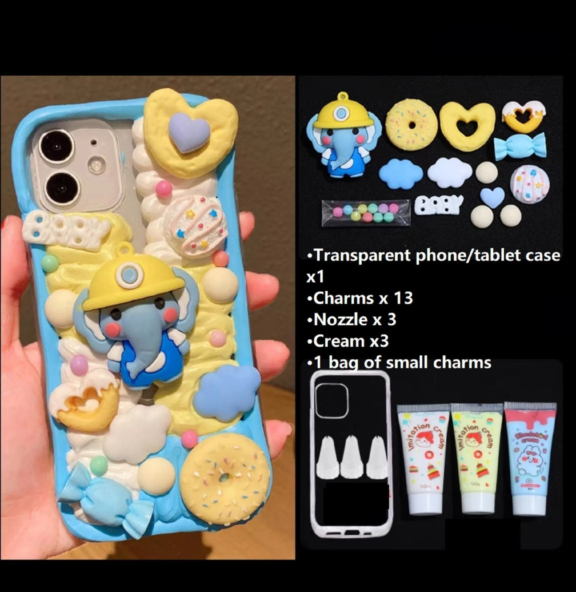 Decoden Custom Phone Case DIY Craft Kits | Kawaii Elephant Rabbit Baby Clouds Stars Candy Charms | Samsung Android iPhone Cases