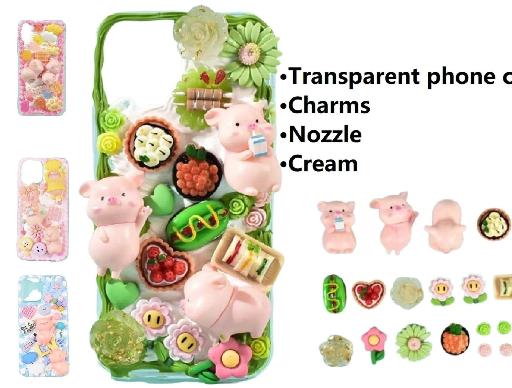 Decoden Custom Phone Case DIY Craft Kits | Kawaii Pig Candy Clouds Flowers Food Hearts Stars Charms | Samsung Android iPhone Cases
