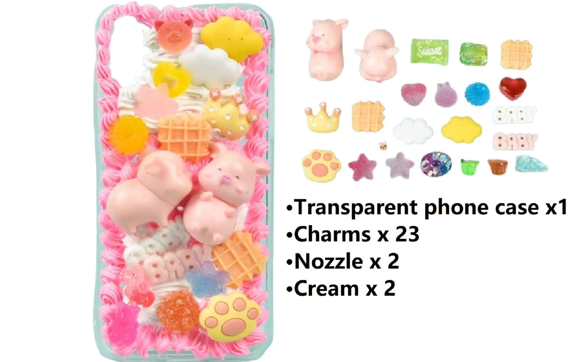 Decoden Custom Phone Case DIY Craft Kits | Kawaii Pig Candy Clouds Flowers Food Hearts Stars Charms | Samsung Android iPhone Cases