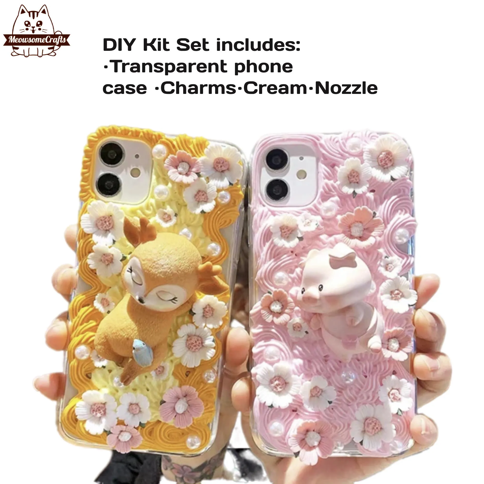Decoden Custom Phone Case DIY Craft Kits | Kawaii Pig Sika Baby Deer Flowers Daffodils Pearls Charms | Samsung Android iPhone Cases