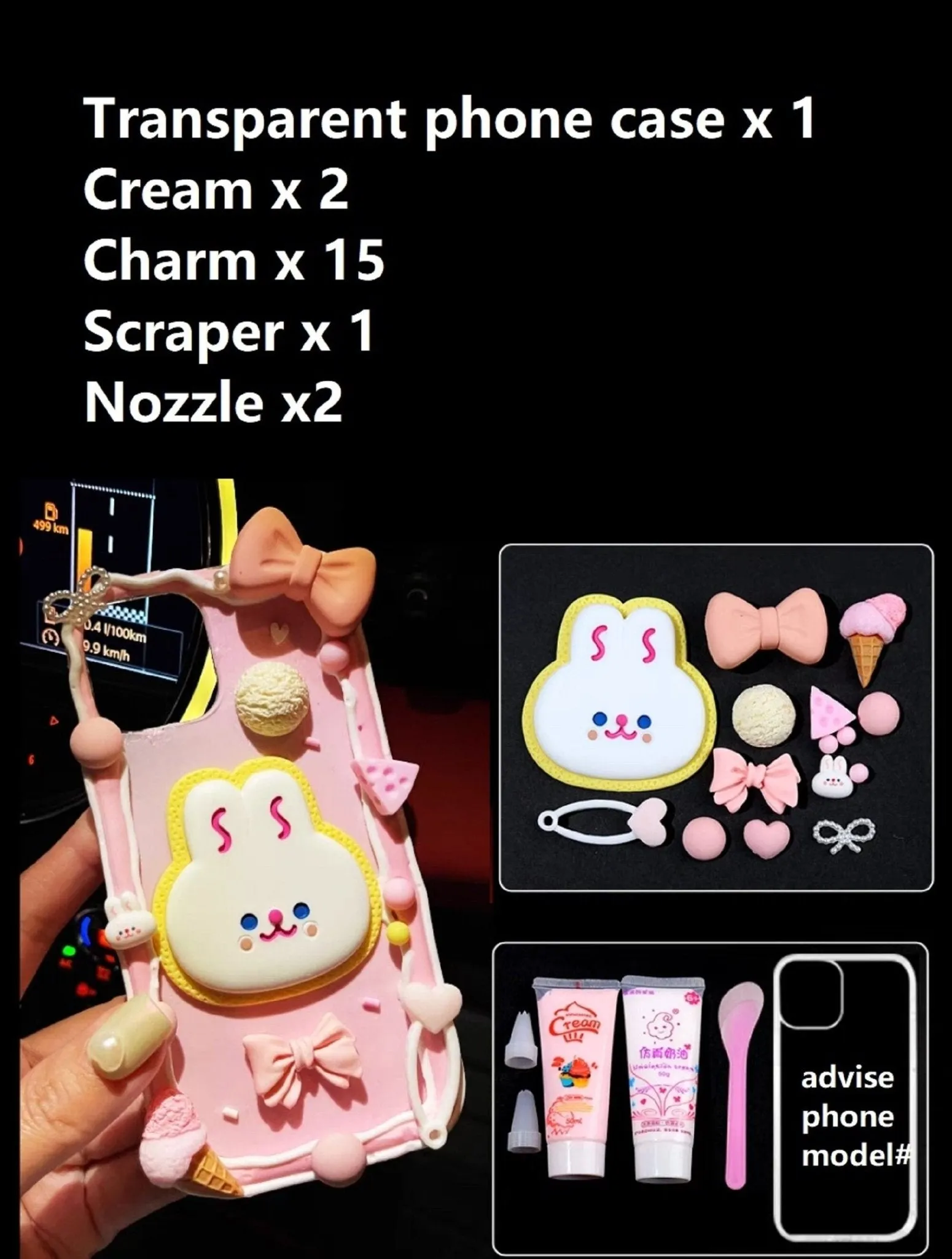 Decoden Custom Phone Case DIY Craft Kits | Kawaii Rabbit Bow Strawberry Peach Ice Cream Pearls Bows Charms | Samsung Android iPhone Cases