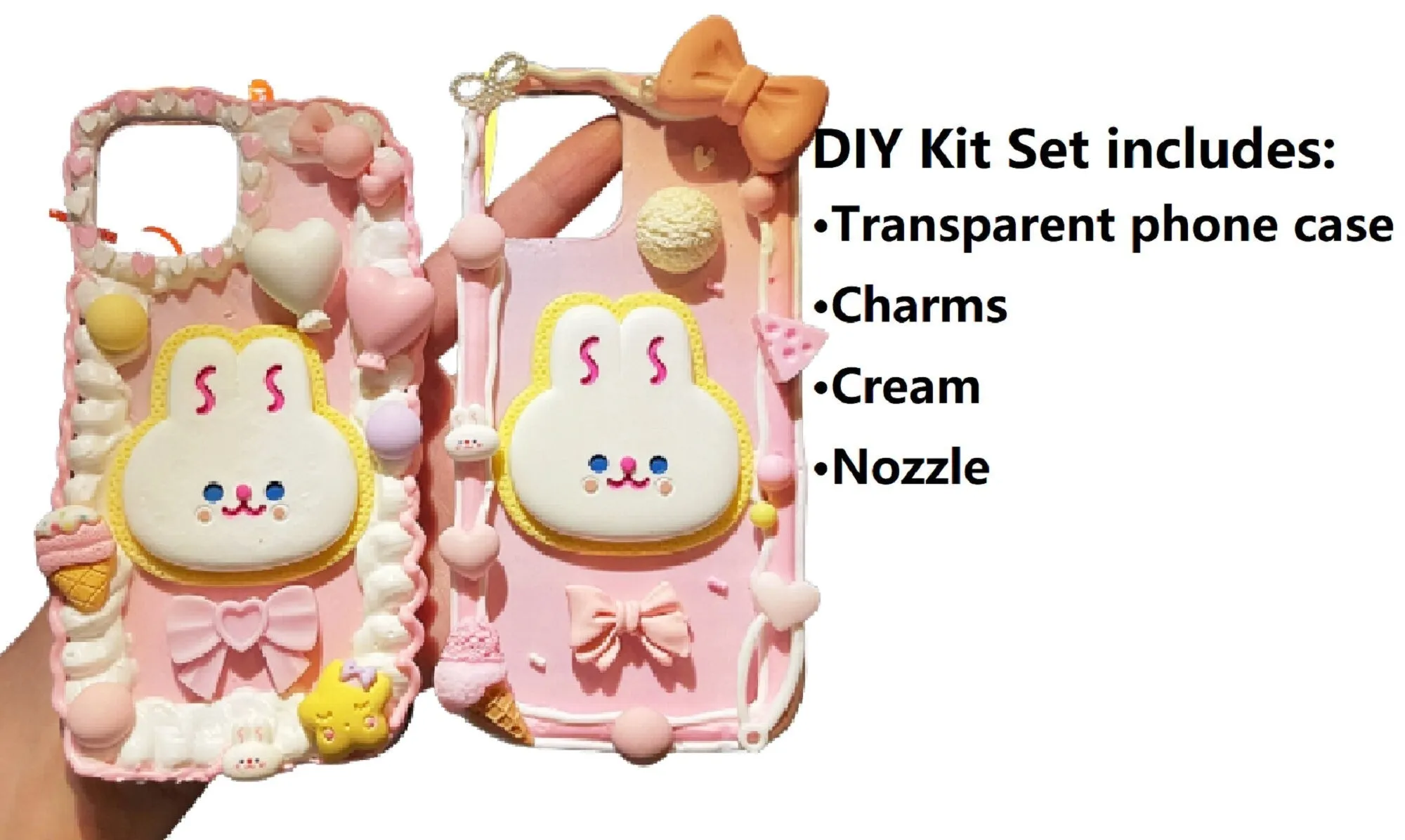 Decoden Custom Phone Case DIY Craft Kits | Kawaii Rabbit Bow Strawberry Peach Ice Cream Pearls Bows Charms | Samsung Android iPhone Cases