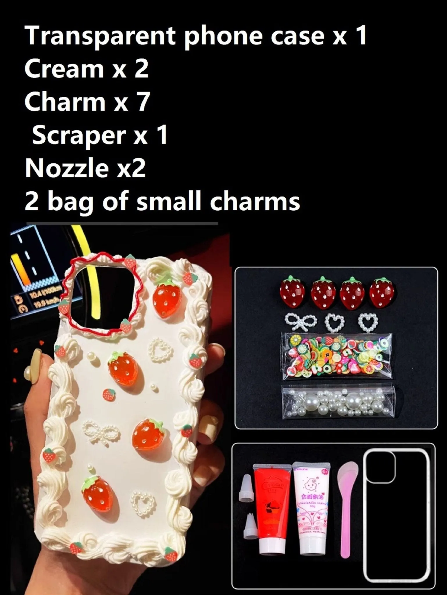 Decoden Custom Phone Case DIY Craft Kits | Kawaii Rabbit Bow Strawberry Peach Ice Cream Pearls Bows Charms | Samsung Android iPhone Cases
