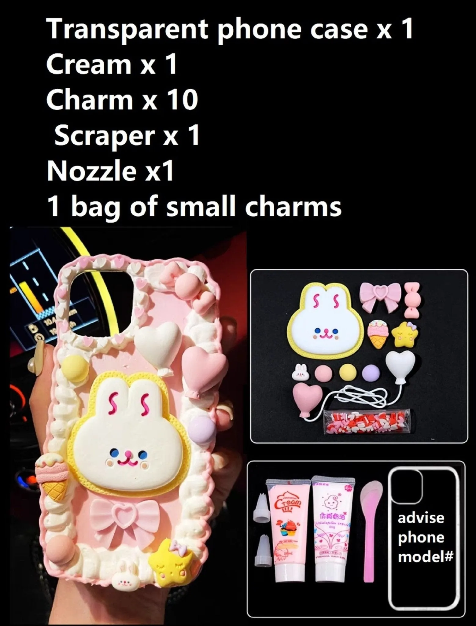 Decoden Custom Phone Case DIY Craft Kits | Kawaii Rabbit Bow Strawberry Peach Ice Cream Pearls Bows Charms | Samsung Android iPhone Cases